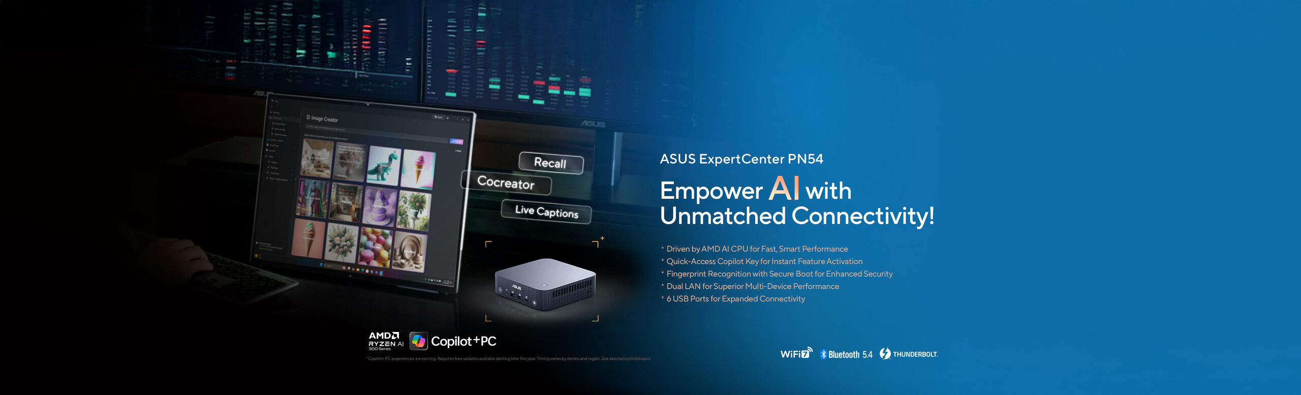 ASUS ExpertCenter PN54 with AMD Ryzen AI, Copilot+PC, dual LAN, Wi-Fi 7, BT 5.4 & Thunderbolt — fast, secure AI connectivity