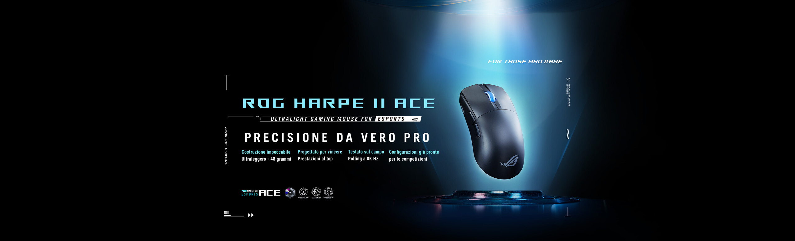 L'immagine mostra il mouse gaming ROG Harpe II Ace sospeso in aria su un fondo azzuro