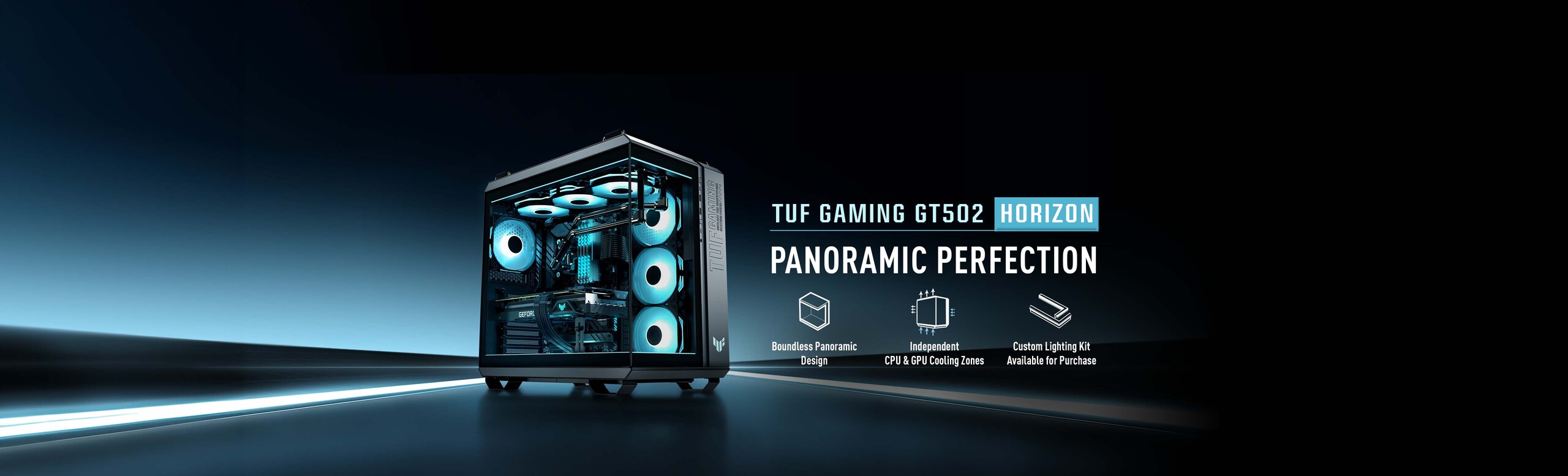 L'immagine mostra il case per PC GT502 Horizon che offre una vista panoramica illimitata dei componenti interni