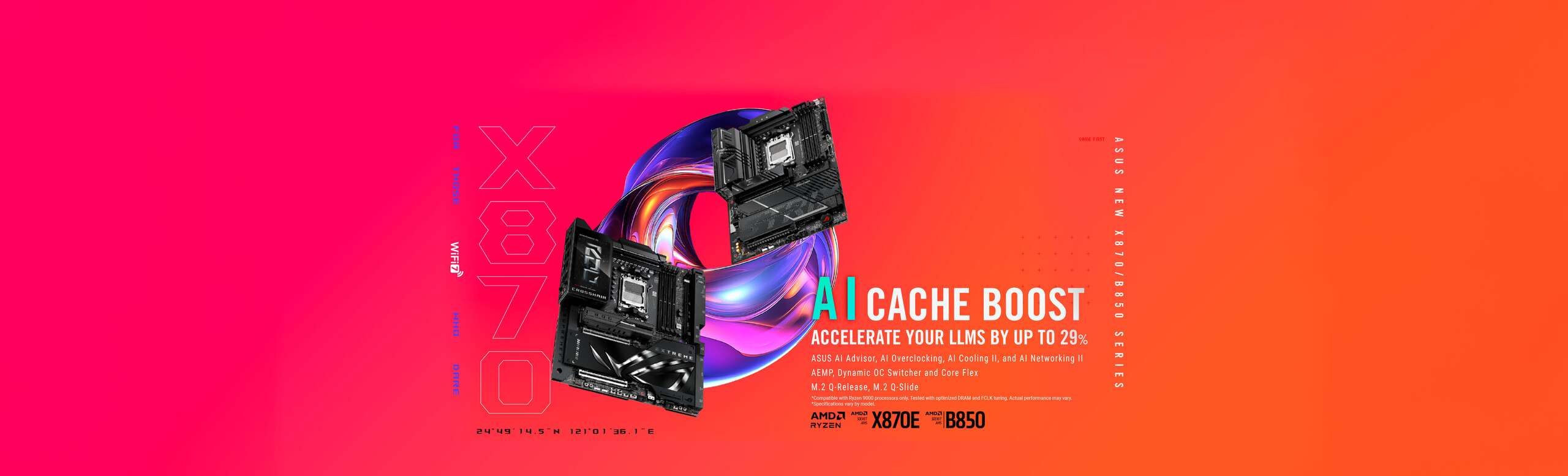 L'immagine mostra due schede madri della serie AMD X870 e B850 con la funzionalità Ai Cache boost su uno sfondo arancio e circondate da un anello di colori e luci