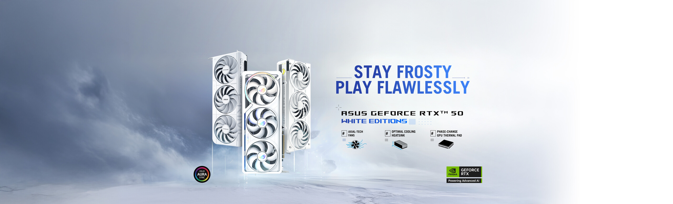 L'immagine mostra tre schede video ASUS GeForce RTX 50 White Editions