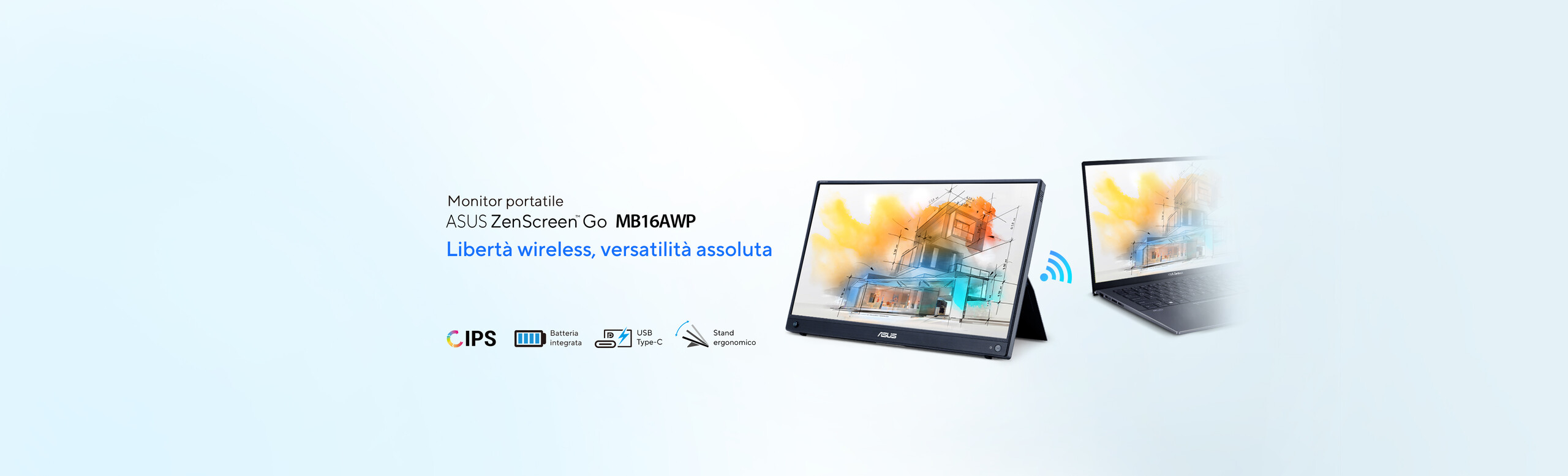 L'immagine mostra un monitor portatile ASUS ZenScreen Go MB16AWP. A sinistra, ci sono scritte che evidenziano le caratteristiche del prodotto: Libertà wireless, versatilità assoluta, seguite da icone che rappresentano il pannello IPS, la batteria integrata, la connessione USB Type-C e lo stand ergonomico.