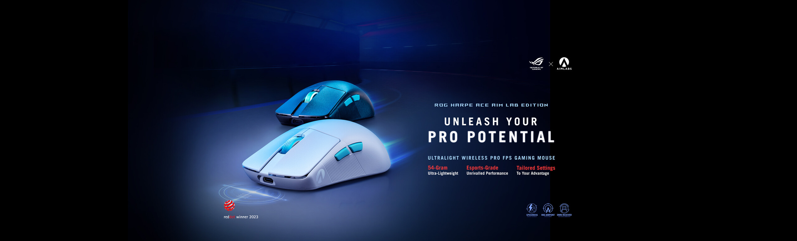 L'immagine mostra il mouse professionale ROG Harpe Ace Aim Lab Edition nella verione bianca e nera