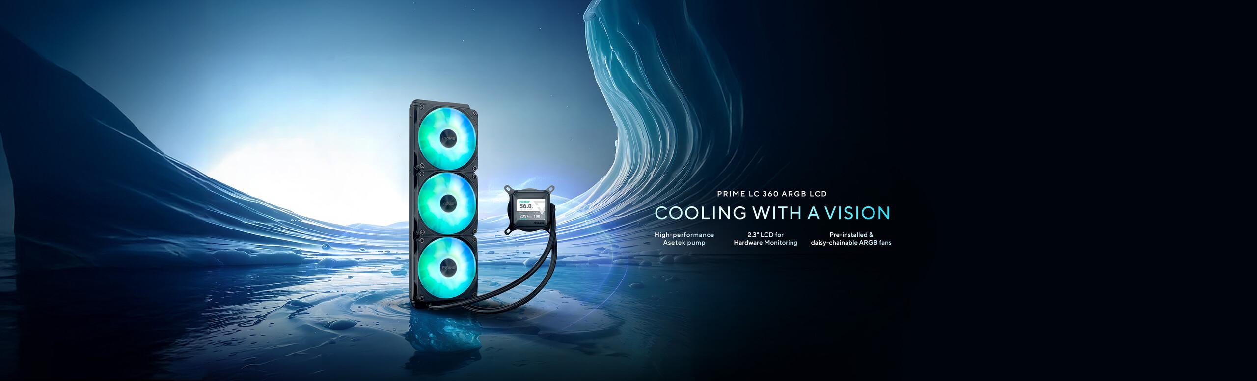 Il dissipatore ASUS Prime LC 360 ARGB LCD in verticale su uno sfondo ghiacciato