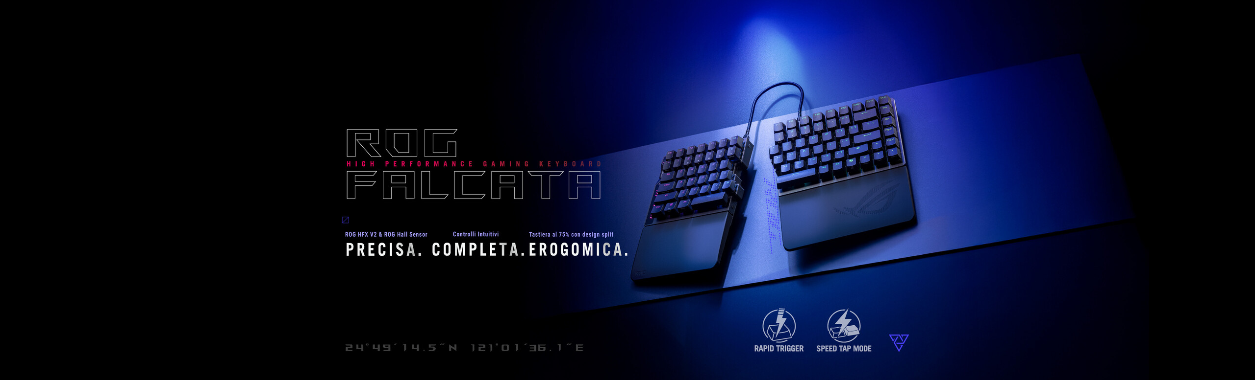 L'immagine mostra la tastiere gaming ROG Falcata che si divide in due segmenti