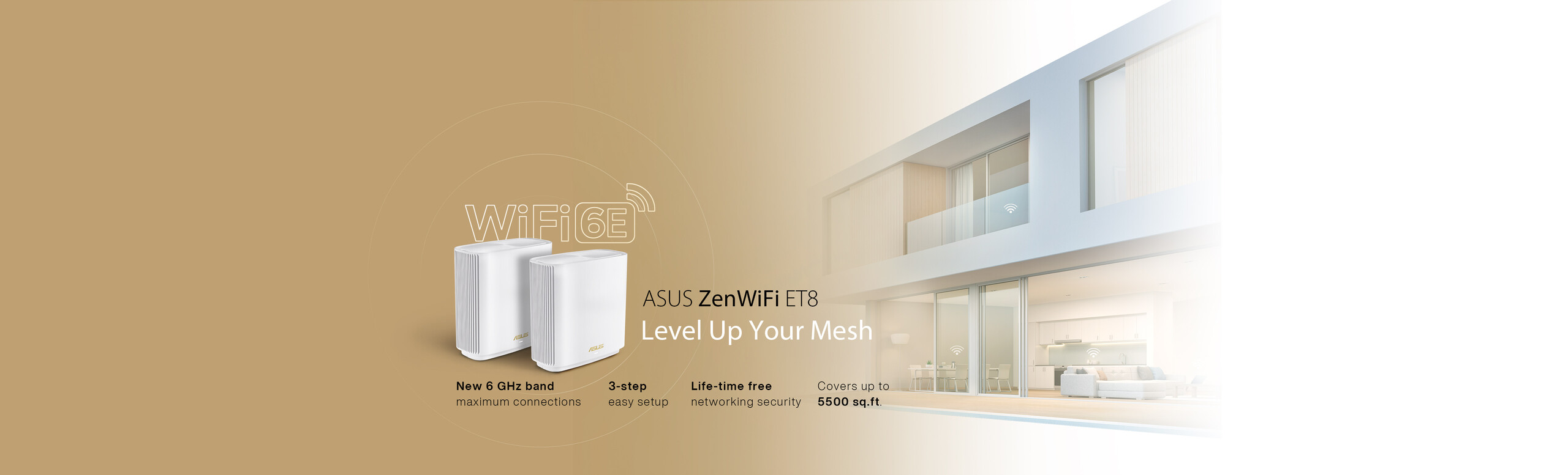 L'immagine mostra una coppia di nodi bianchi mesh ASUS ZenWiFi ET8 WiFi 6 con lo sfondo di una casa a due piani bianca