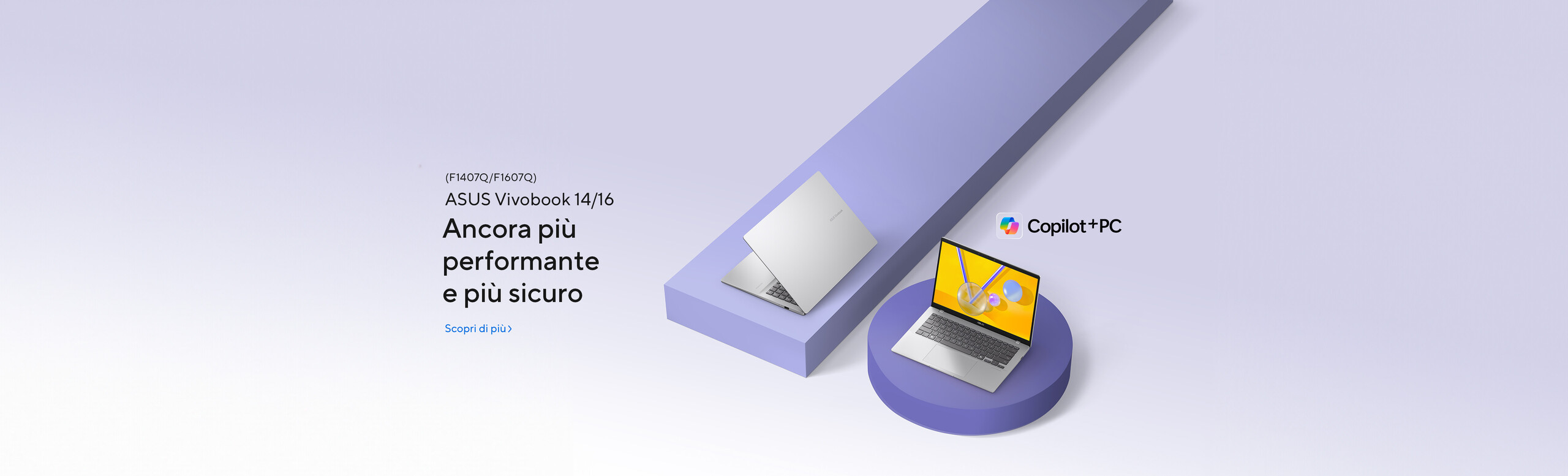 L'immagine mostra due laptop ASUS VivoBook, uno chiuso e uno aperto.