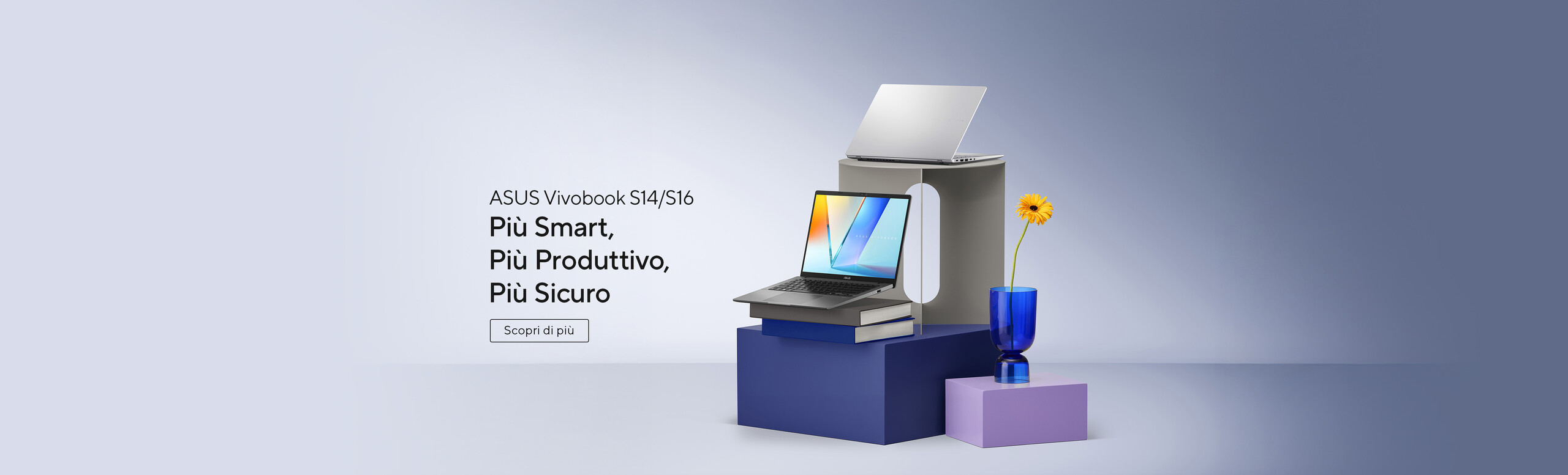 Nell'immagine c'è una scena pubblicitaria che presenta due laptop ASUS Vivobook S14/S16 disposti su diversi cubi colorati.