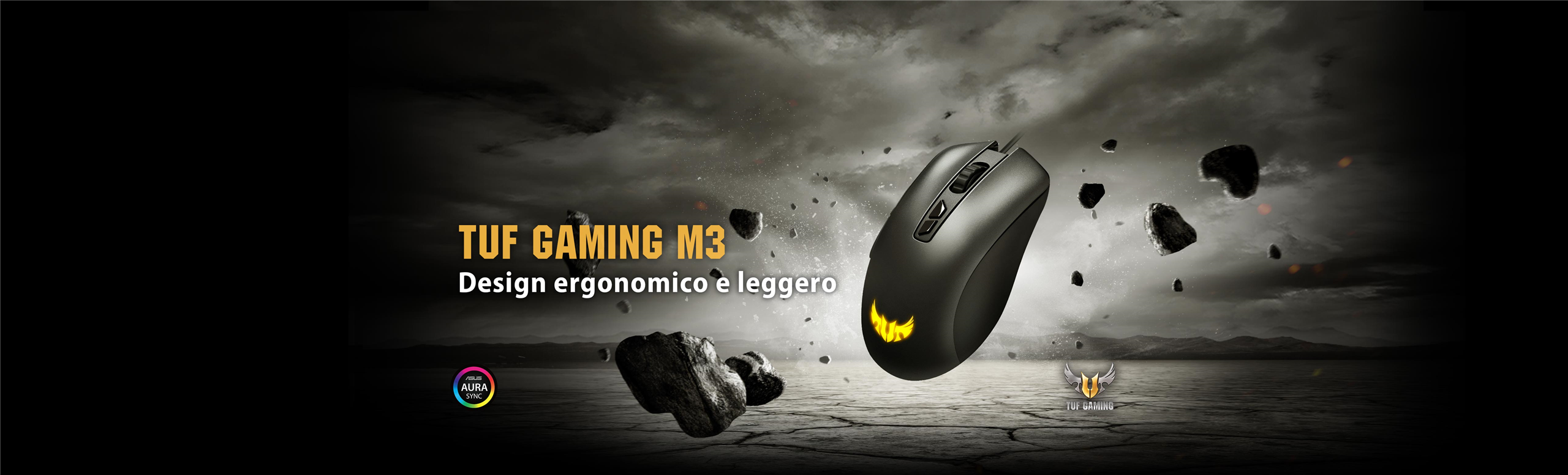 L'immagine mostra un mouse da gioco in un design drammatico con pietre e polvere sospese nell'aria. Il mouse è etichettato come TUF GAMING M3