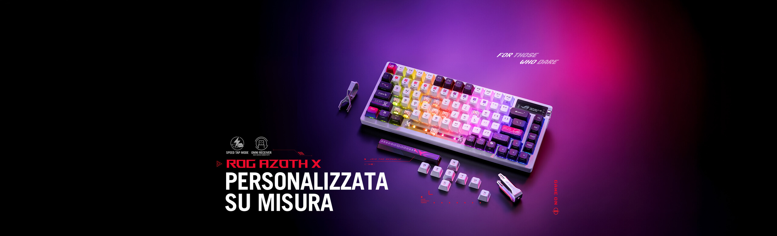 L'immagine mostra una tastiera gaming senza fili personalizzabile con formato 75%, identificata come ROG Azoth X. La tastiera è retroilluminata con luci RGB e circondata da vari componenti