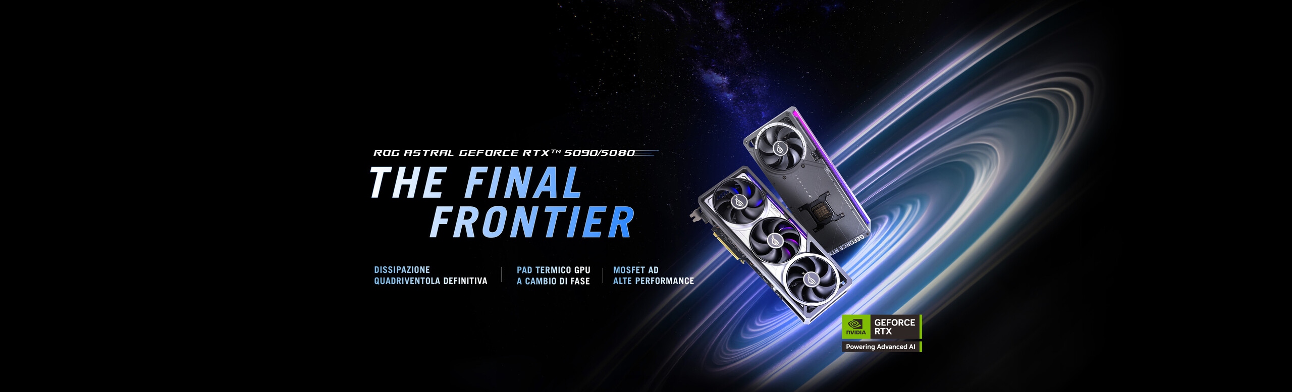 L'immagine mostra diverse prospettive delle schede video ROG Astral serie GeForce RTX 50