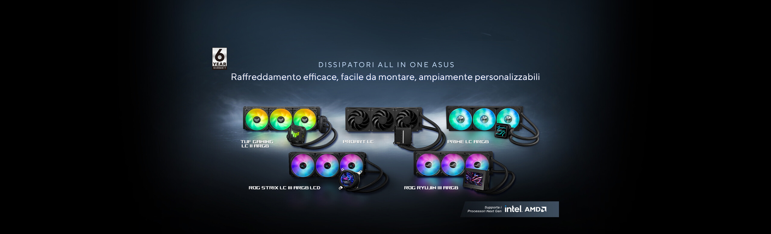 L'immagine mostra tutti i dissipatori ASUS delle serie ROG, TUF gaming, ProArt e Prime
