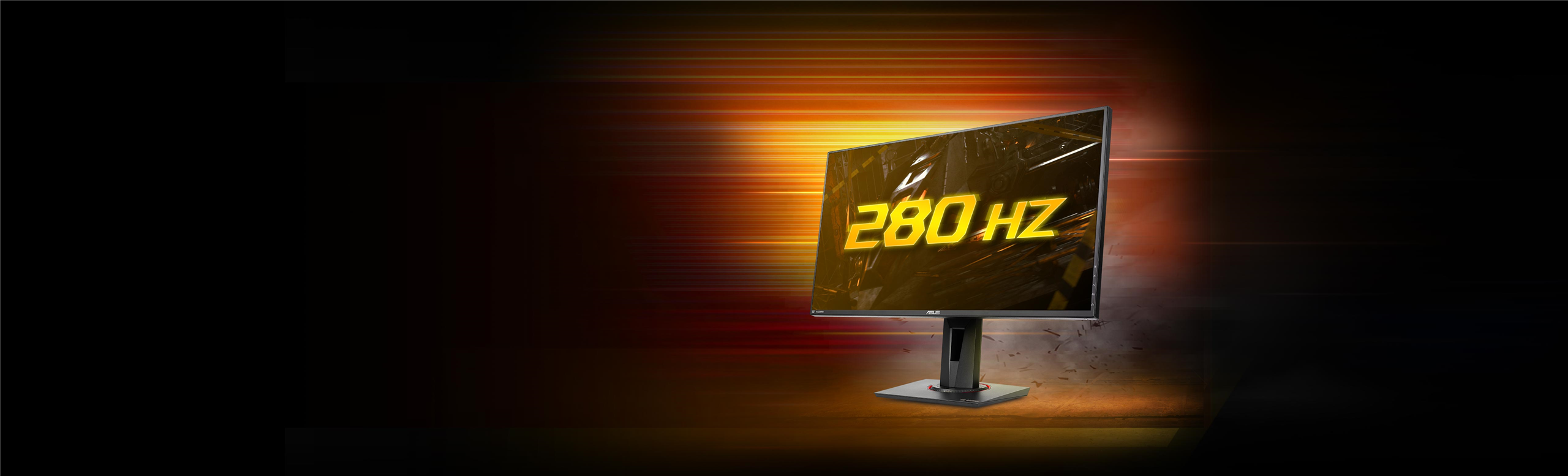L'immagine mostra un monitor TUF Gaming VG279QM. Sullo schermo del monitor è visualizzato il refresh rate di 280Hz e sullo sfondo dei giochi di luce a suggerire le elevate velocità di aggiornamento dello schermo