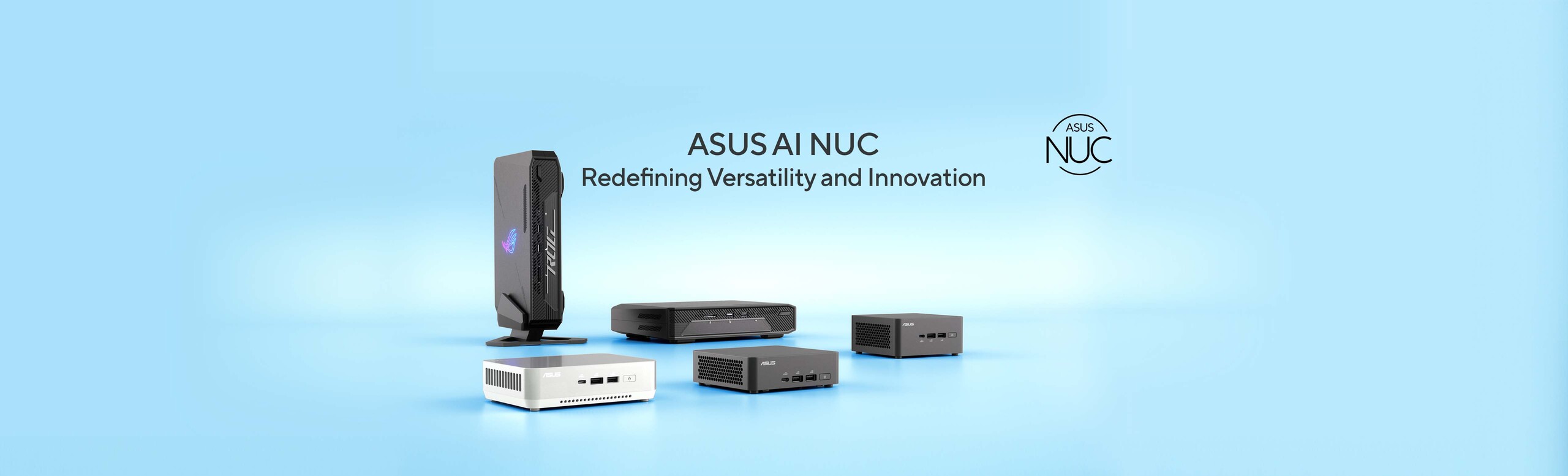 L'immagine mostra diversi prodotti della serie ASUS NUC che AI include NUC 14 Pro, NUC 14 Pro+, NUC 14 Performance e ROG NUC