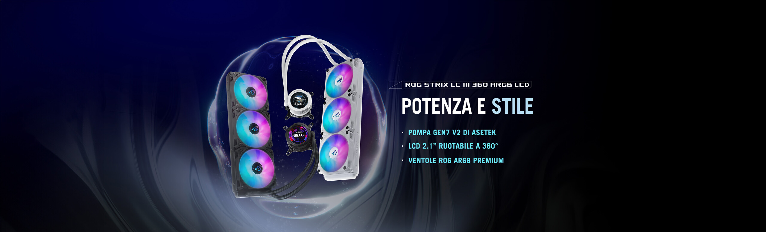L'immagine mostra un sistema di raffreddamento per computer con ventole RGB e un display LCD. Ci sono elementi chiave come la pompa GEN7 V2 di Asetek, un display LCD da 2,1 pollici ruotabile a 360 gradi, e ventole ARGB premium.