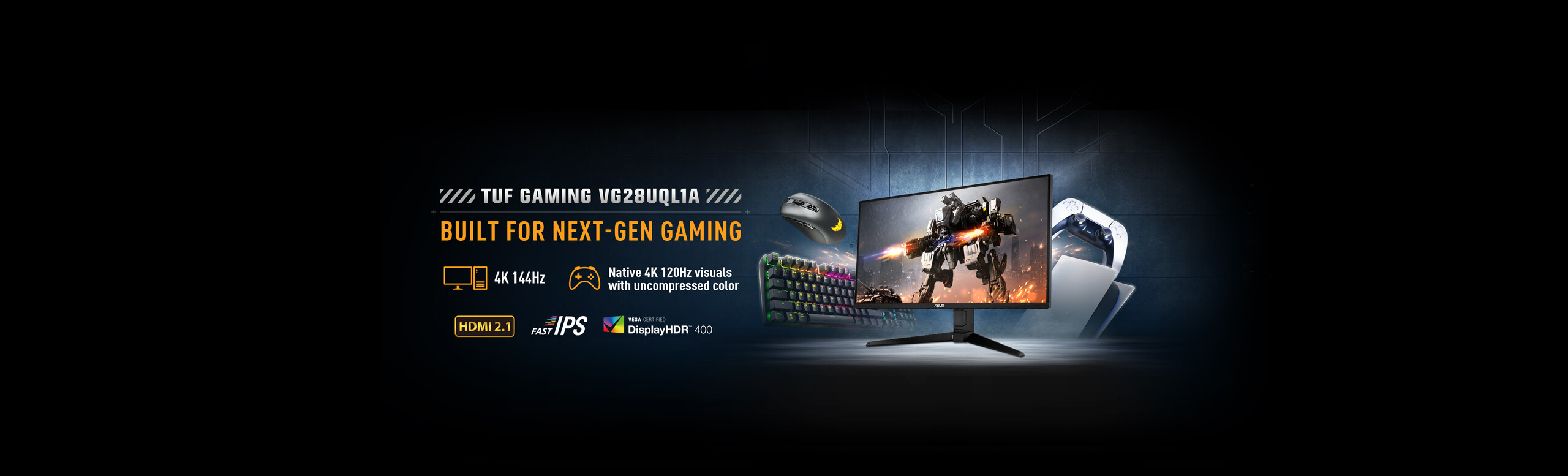 L'immagine mostra il monitor gaming TUF Gaming VG28UQL1A circondato da periferiche PC e console