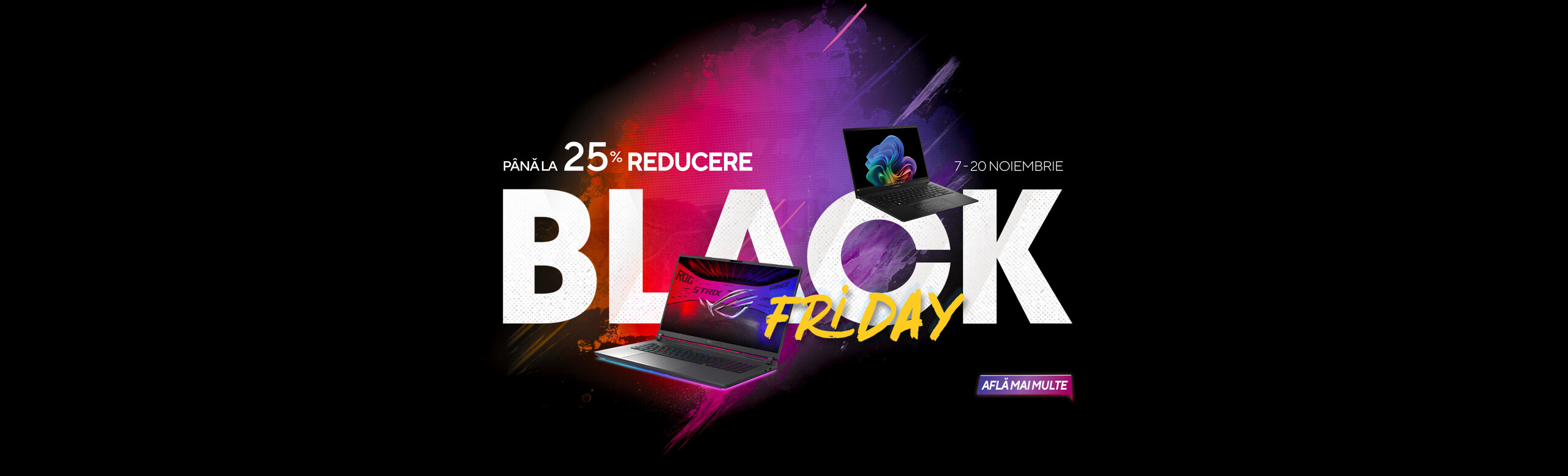 Oferta de black friday, doua laptopuri suprapuse pe textul mare BLACK FRYDAI si reducere de 25%