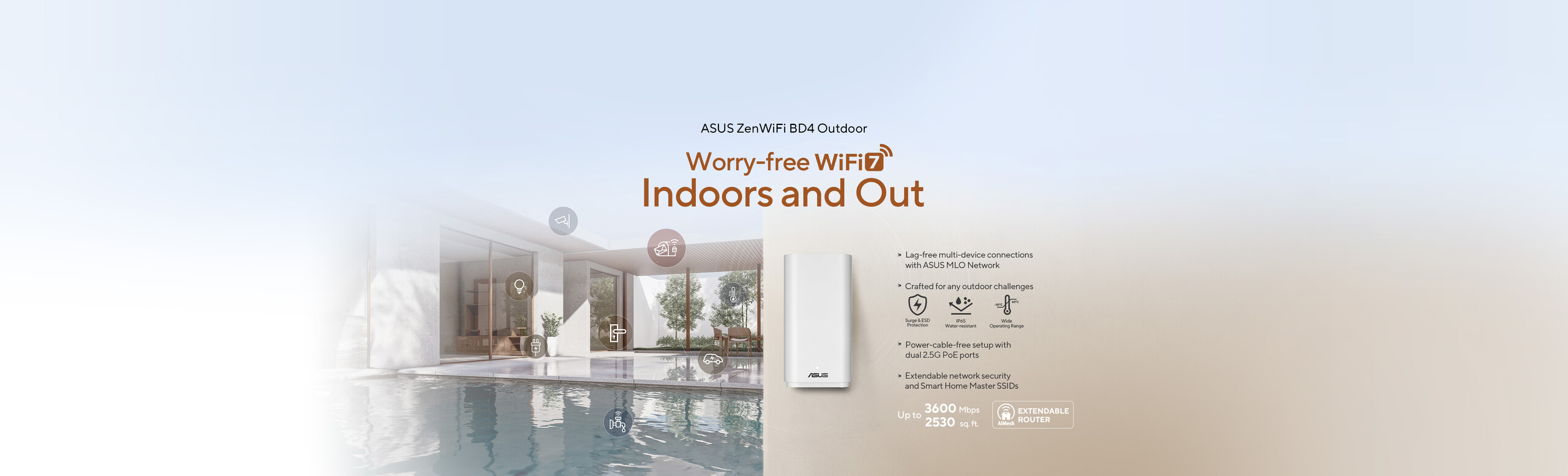 ASUS ZenWiFi BD4 Outdoor mounted on a wall by a home poolside, with IoT device icons floating around.