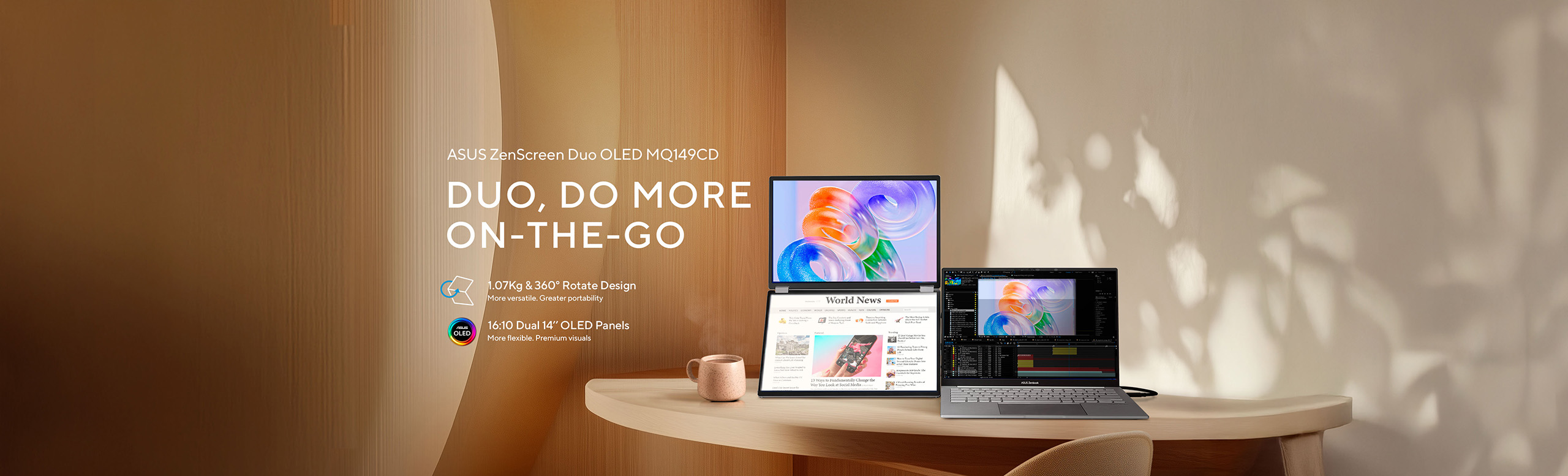 Product scene of an ASUS ZenScreen Duo OLED MQ149CD portable dual‑screen monitor (one screen vertical, one horizontal) beside a laptop on a curved wooden desk, with warm sunlight casting leafy shadows and the headline “DUO, DO MORE ON‑THE‑GO”; icons note its 1.07 kg 360°‑rotate design and 16:10 dual 14‑inch OLED panels