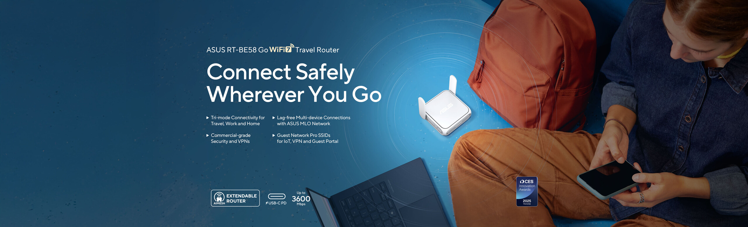 A woman sits on the floor using a smartphones and laptop, with the ASUS RT-BE58 Go placed nearby next to a backpack. CES Innovation Award logo appears at the bottom of the image.