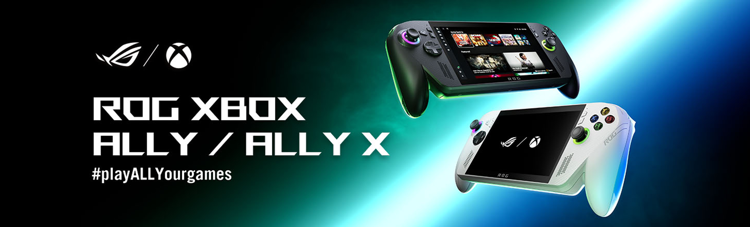 Το ROG XBOX ALLY X σε λευκό χρώμα & το ALLY X σε μαύρο χρώμα αιωρούνται στον αέρα, το ένα δίπλα στο άλλο υπό γωνία, με ενεργοποιημένο το XBOX ALLY περιβάλλον χρήστη και εμφανιζόμενα παιχνίδια.
