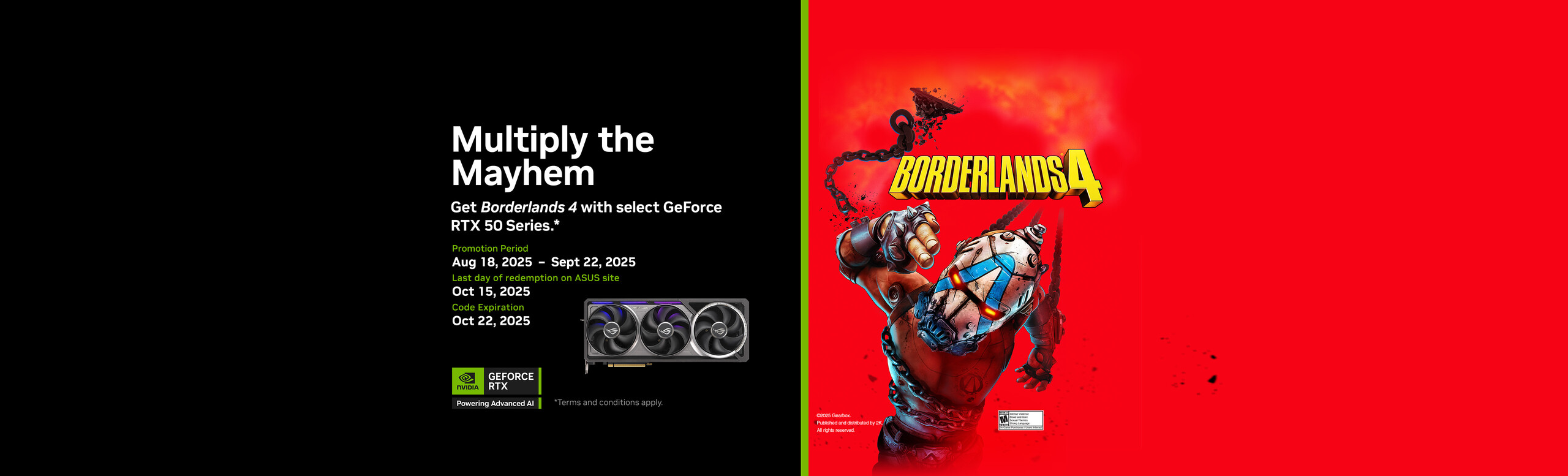 Borderlands4 game key visual with ROG Astral graphics card and NVIDIA RTX advanced AI logo.