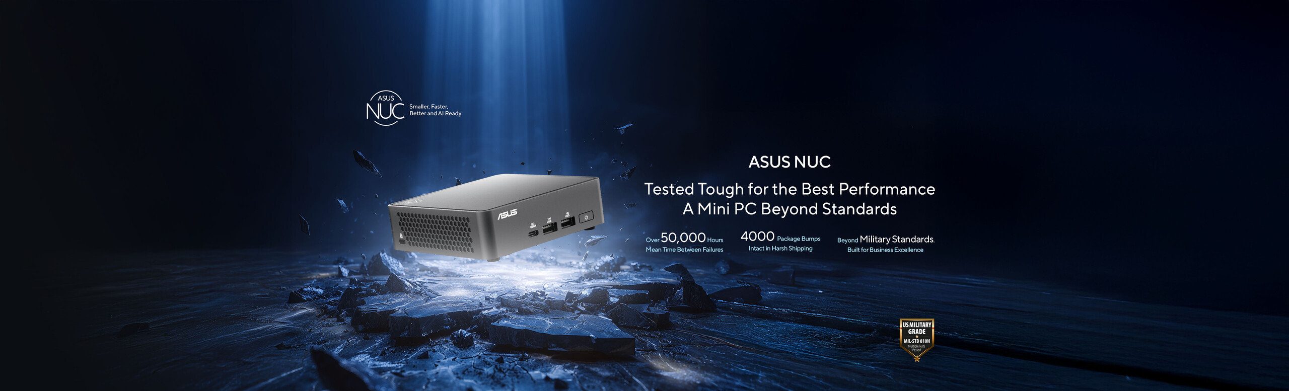 ASUS NUC mini PC is showcased on a rugged, shattered surface under a beam of light, highlighting its durability and performance. Text emphasizes military-grade testing, reliability, and compact design for business excellence.