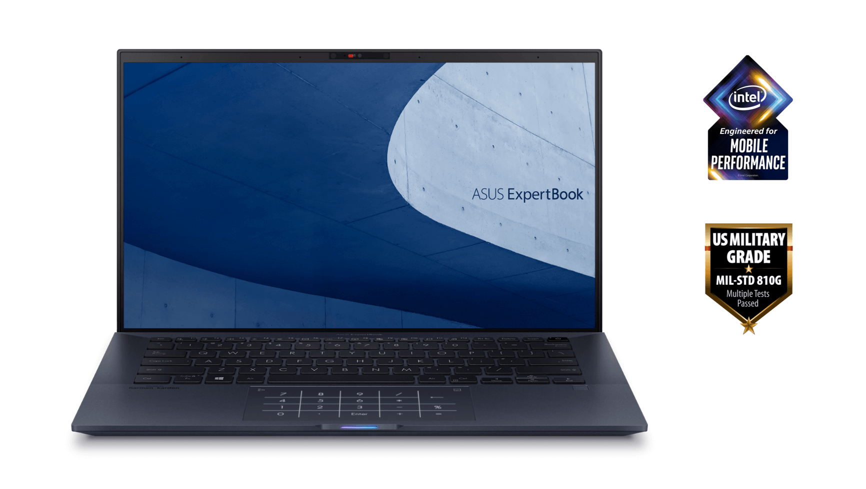ASUS ExpertBook B9450 Laptop with Intel engineered for mobiles performance badge and US Military grade badge