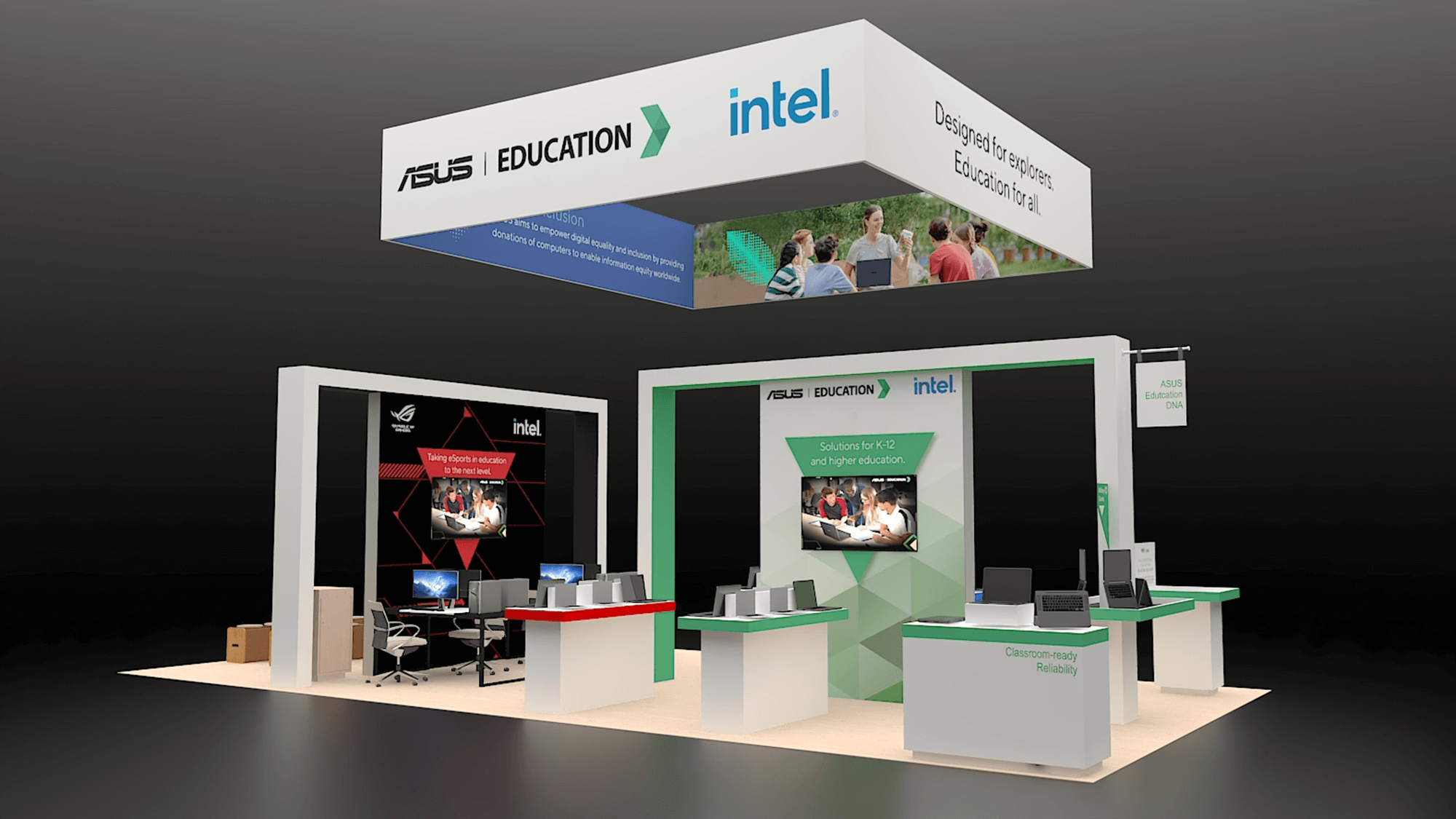 A 3D render of the ASUS Education booth with Intel laptops on display