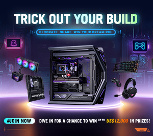 Trick Out Your Build campaign, featuring ASUS ROG components including a custom-built PC with ROG motherboard, ROG AIO cooler, GeForce RTX™ 5080 graphics card, gaming keyboard, gaming mouse, and gaming headset.