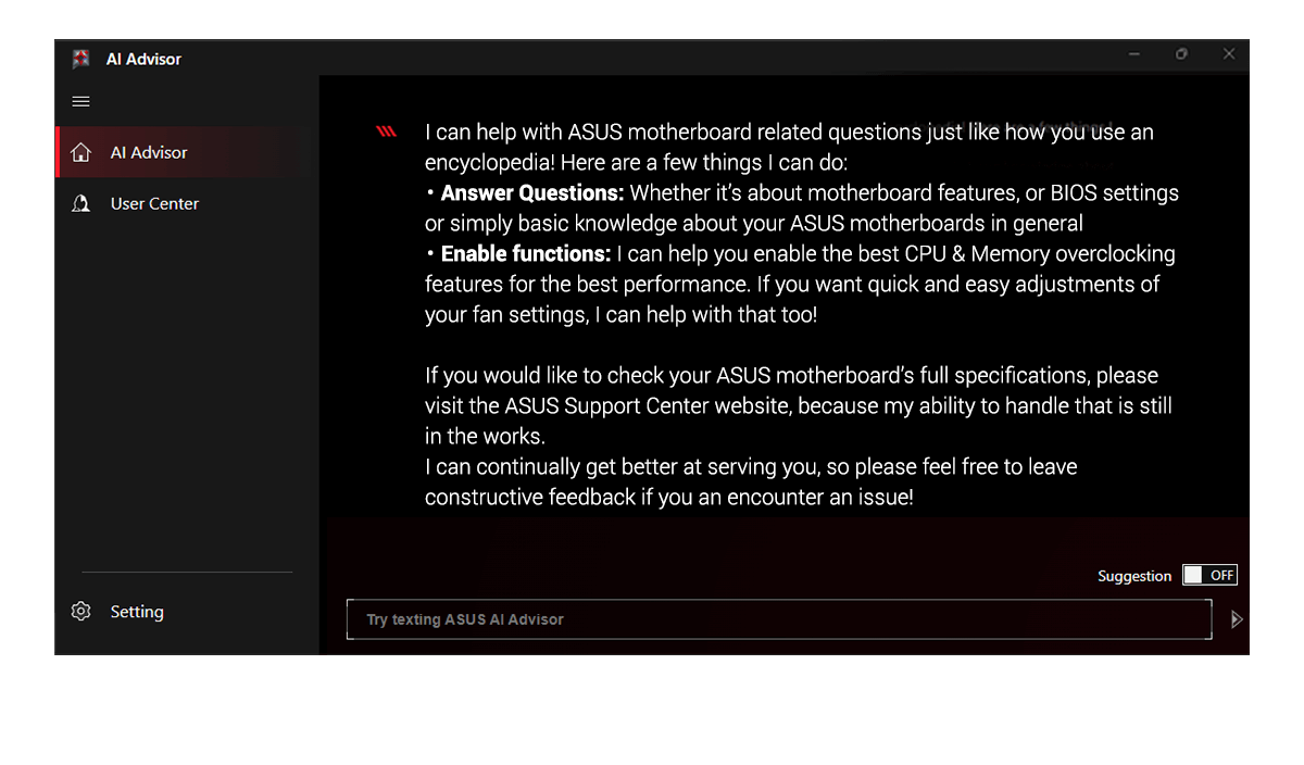 ASUS AI Advisor UI.