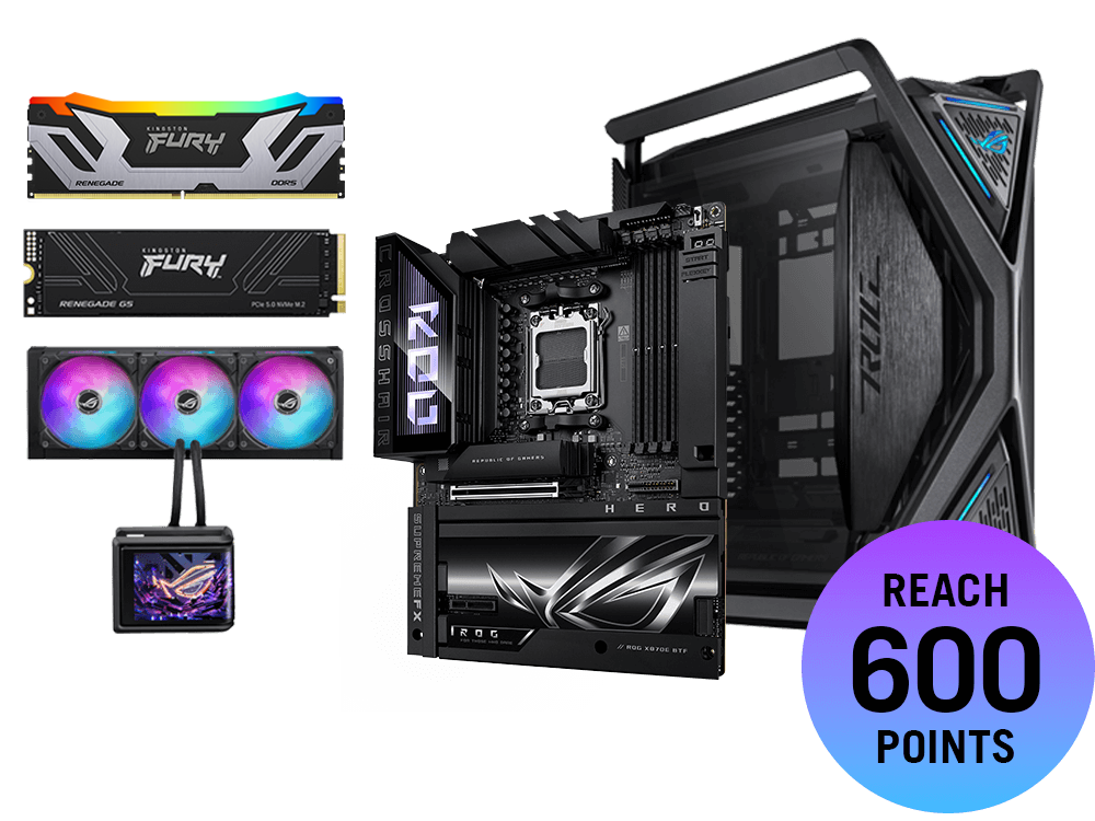 Prize bundle with X870E Hero BTF motherboard, Hyperion GR701 case, Ryuo IV SLC 360 ARGB AIO cooler, Kingston FURY SSD and DDR5 memory, worth 600 points.
