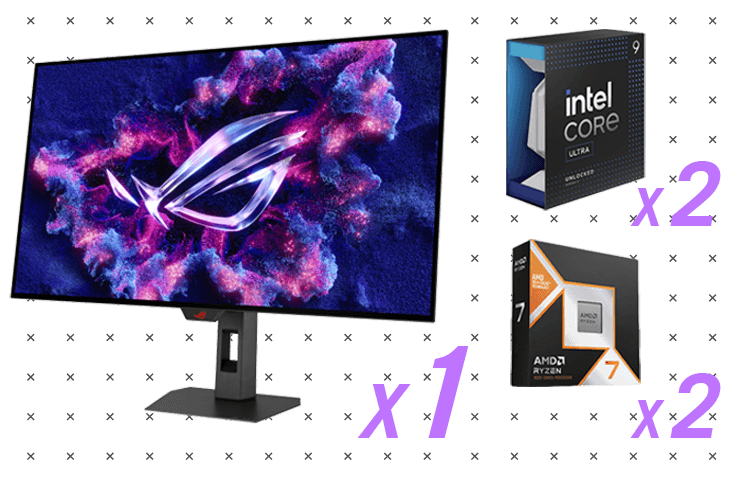 ROG Strix OLED XG32UCWG, AMD Ryzen™ 7 9800X3D Desktop Processor, and Intel® Core™ Ultra 9 Processor 285K